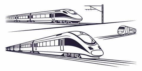 Black and white vector illustration collection of various passenger trains on tracks with transportation railroad locomotive commuter illustration © Sp