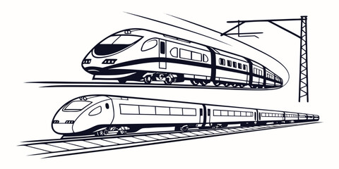 High speed bullet trains traveling on rail tracks line art with railroad transport electric illustration commuter passenger locomotive movement © Sp