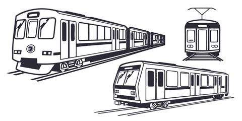 Collection of passenger train and tram vehicles graphic style with streetcar commuter transportation illustration isolated monochrome transport © Sp