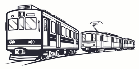 Passenger train and streetcar vector illustration in monochrome style with streetcar commuter transportation illustration isolated monochrome © Sp