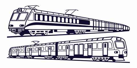Black and white vector illustration of modern high speed trains and urban commuter rail cars with transportation commuter illustration locomotive © Sp
