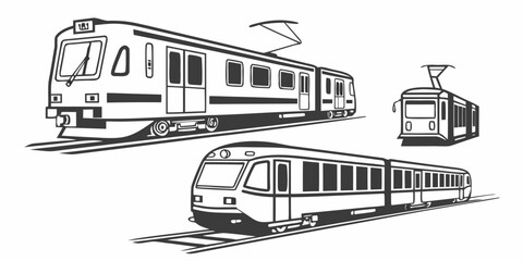 Set of different passenger trains and trams vector graphic design with streetcar commuter transportation illustration isolated monochrome © Sp