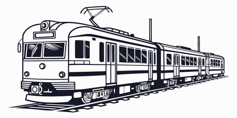 Classic electric passenger train line art vector illustration on railway tracks with transportation locomotive electric commuter illustration © Sp
