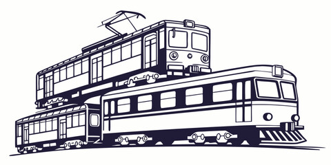 Stylized vector graphic featuring two distinct passenger train designs in monochrome transportation locomotive commuter illustration electric © Sp