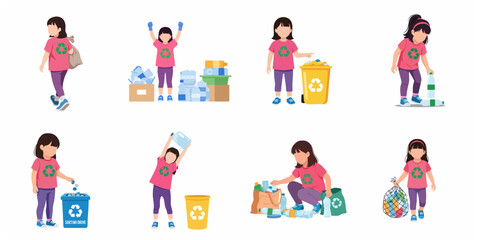 Fototapeta premium Set of little girl characters engaged in waste sorting, plastic bottle collection, and recycling activities for environmental protection