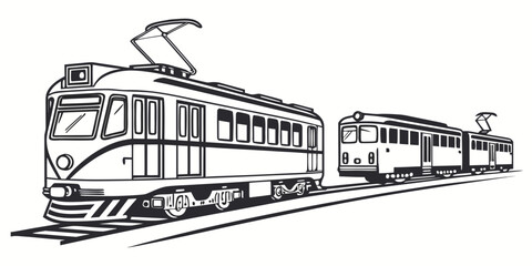 Two passenger train carriages moving on parallel tracks line art graphic with transportation locomotive commuter illustration electric monochrome © Sp