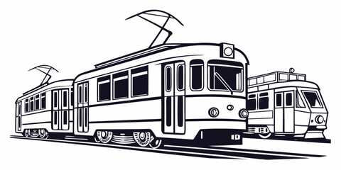 Set of urban electric passenger trains vector line art illustration with transportation locomotive commuter illustration electric monochrome © Sp