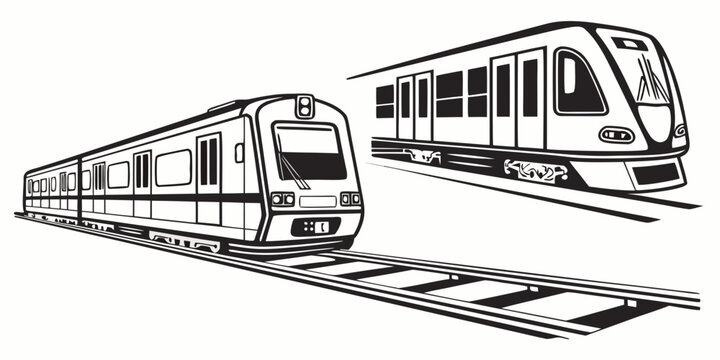 Set of modern passenger trains and subway carriages graphic illustration with transportation commuter streetcar illustration isolated monochrome