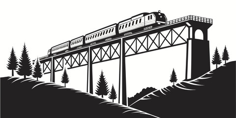 Black and white illustration of a passenger train traveling on a steel railroad bridge through a forest landscape with transportation, locomotive © Sp