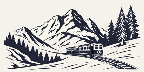 Graphic illustration of a passenger train traveling through a snowy mountain landscape with pine trees mountain landscape locomotive transport © Sp