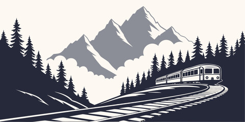 Graphic illustration of a passenger train moving along curved tracks in a mountain landscape with clouds mountain landscape locomotive transport © Sp