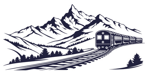 Black and white silhouette graphic of a passenger train approaching on tracks set against a rugged mountain range landscape with mountain, landscape © Sp