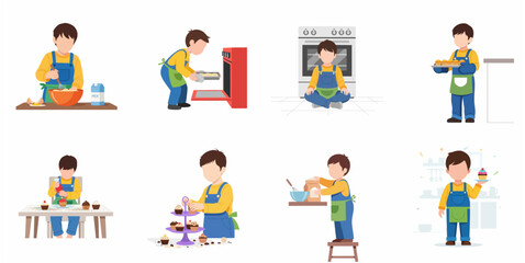 Fototapeta premium Set of Little Boy Baking and Decorating Cupcakes in the Kitchen Illustrations