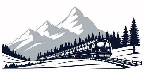 Black and white vector graphic of a passenger train moving along a railway line through a mountain valley with pine trees mountain landscape © Sp