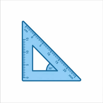 A blue drafting triangle with measurements in cm and mm, featuring a 30-degree angle marking.