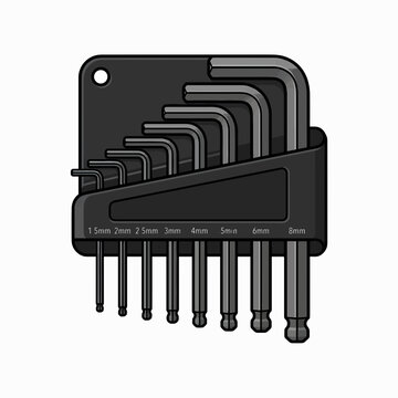 A set of hex keys, also known as Allen wrenches, are neatly organized in a black holder. Each key is labeled with its size in millimeters.