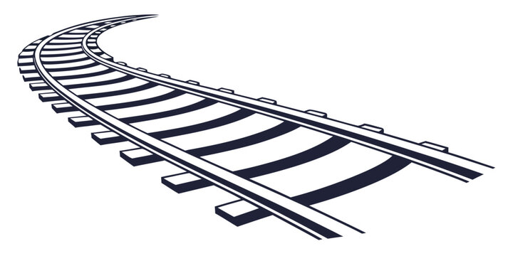 Graphic illustration of empty curved railroad tracks isolated on a white background with railroad transportation perspective infrastructure