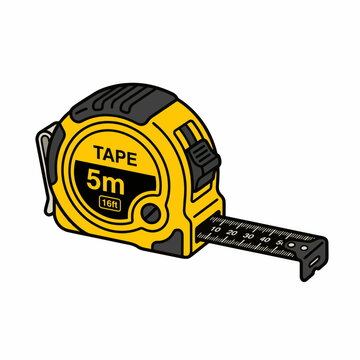 Yellow tape measure with black accents, showing 5m/16ft. The metal tape is extended, displaying markings and numbers.