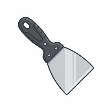 A flat metal scraping tool with a black handle, used for applying or removing materials.