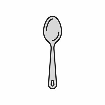 A minimalist, flat vector illustration of a silver spoon with a rounded bowl and a long handle featuring a hole for hanging.