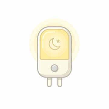 A soft, glowing night light with a crescent moon and star symbol, designed to plug into a wall outlet.