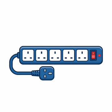 A blue power strip with five outlets and a red on/off switch is shown against a white background. The cord and plug are also blue.