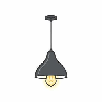 A simple, modern pendant light with a dark grey, bell-shaped shade and a glowing Edison-style bulb hangs from a black cord against a white background.