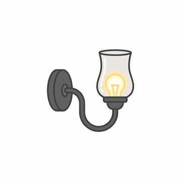 A cartoon wall lamp with a curved arm holding a glass shade with an illuminated light bulb.