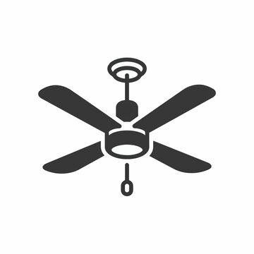A simple, black silhouette of a ceiling fan with five blades and a pull chain.