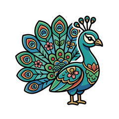 Fototapeta premium A colorful cartoon peacock illustration with open feathers