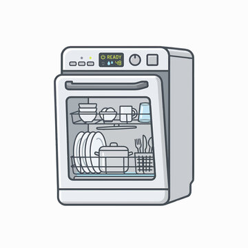 A clean, open dishwasher filled with dishes and cutlery. The control panel displays READY and 48.
