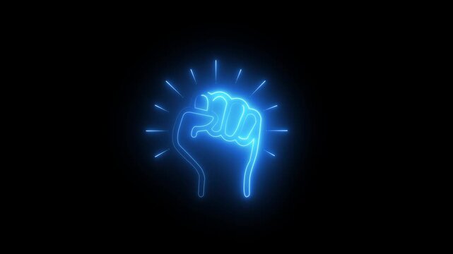 Glowing neon fist symbol animation: power, resistance, and unity concept