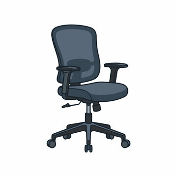 A cartoon illustration of a dark grey office chair with armrests and a five-wheeled base.