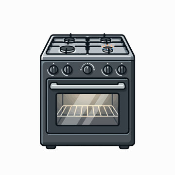 A modern, dark gray gas stove with four burners, an oven, and control knobs, isolated on a white background.