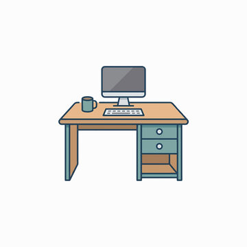 A minimalist, flat design illustration of a wooden desk with a computer, keyboard, mouse, and mug, against a white background.