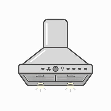 A flat vector illustration of a silver kitchen chimney range hood with control buttons and two glowing lights at the bottom. Minimalist design icon for home cooking appliances.