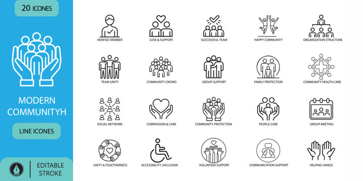Modern Community Outline Icon Set featuring people, friendship, social interaction, and inclusion concepts. Thin linear illustration. Editable stroke. Vector illustration.
