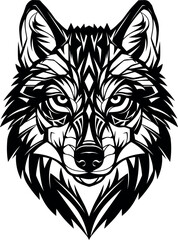 Fototapeta premium Detailed tribal style wolf head illustration with geometric patterns and fierce expression