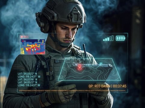 Close-up portrait of a military operator wearing a tactical helmet, holding a digital tablet with a glowing HUD overlay showing a map, coordinates and drone feed, surrounded by dense blue smoke, conce