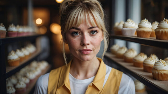 Portrait of a successful female entrepreneur and small business owner in her artisan bakery. Confident bakery owner standing among freshly made cupcakes