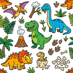 A seamless pattern featuring cute colorful cartoon dinosaurs and plants © yudis