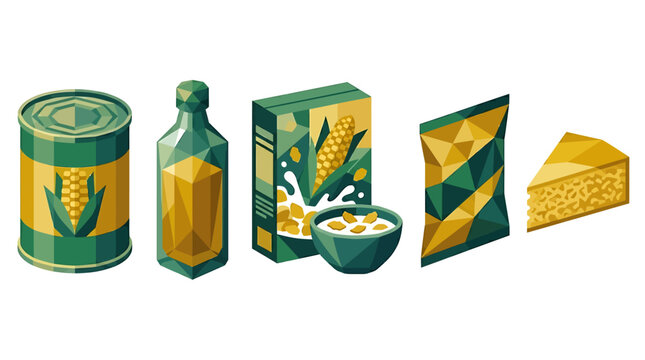 Variety of corn food products displayed.