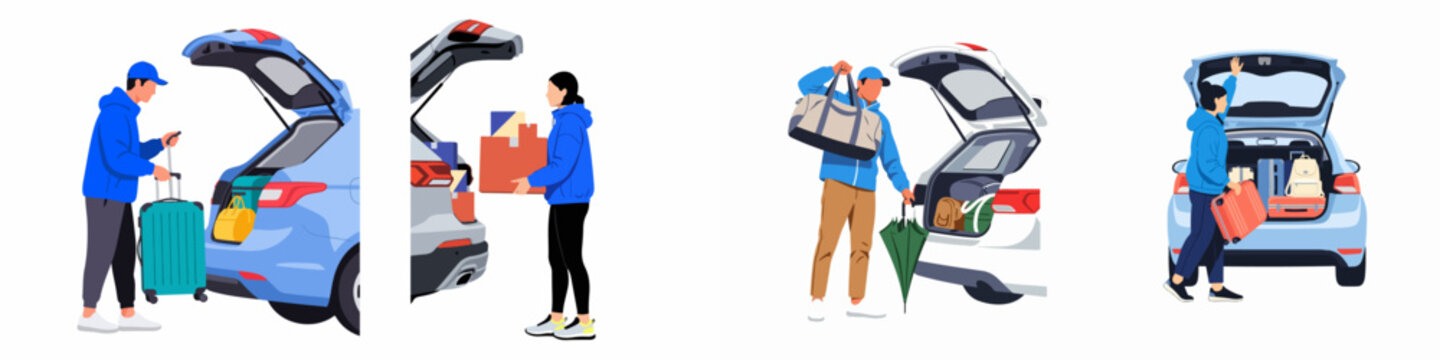 Set of flat vector illustrations of people loading suitcases, boxes, and bags into car trunks for travel, transport, and moving house.