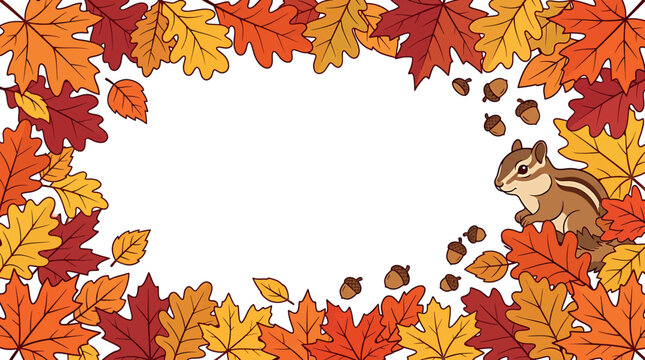 Autumn frame with colorful fall leaves, acorns and a cute chipmunk isolated on white background