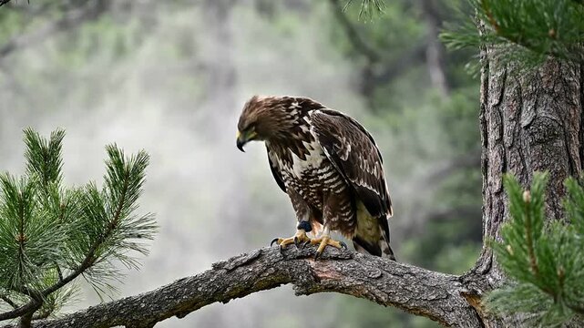 Majestic Javan Hawk-Eagle Perched on a Pine Tree Branch in Misty Mountain Landscape Showing Stunning Plumage and Nature's Serenity