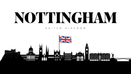 Obraz premium Vector illustration of Nottingham skyline in black silhouette, with “NOTTINGHAM” text, on white background, modern city identity and tourism design