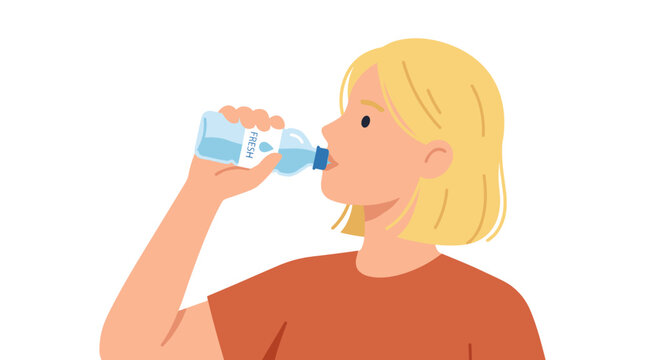 Refreshing Hydration: A young woman with short blonde hair takes a refreshing drink from a clear plastic bottle, quenching her thirst and embracing a healthy lifestyle choice.