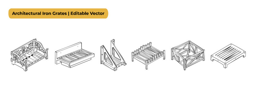 Architectural metal grate vector designs with line art isometric grilles for industrial construction elements, fireplace screens, drain vents, shelf brackets, and vintage blacksmith forging set decor.