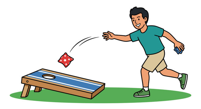 Independence day vector man playing cornhole game at backyard party