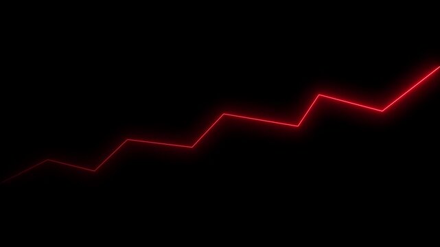 Red neon glowing line graph rising on black background, for financial growth, and data analysis